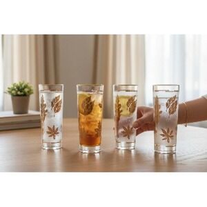 Vintage MCM Libbey Frosted Tall Thin Glass Tumblers Gold Leaf Design Set of 4‎